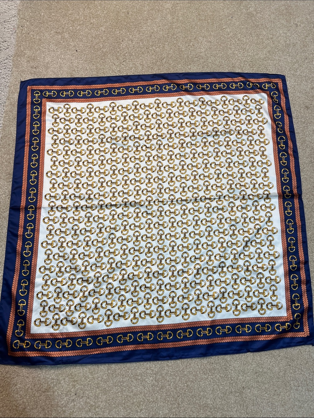 Lulla Collection Equestrian Chain Print Square Scarf Navy Blue Gold 32x32